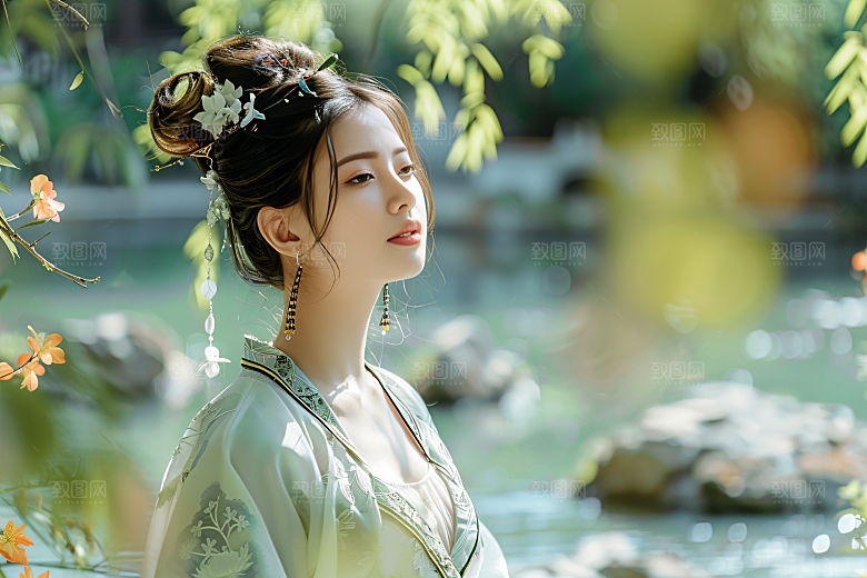 花卉汉服人物中国风园林摄影图
