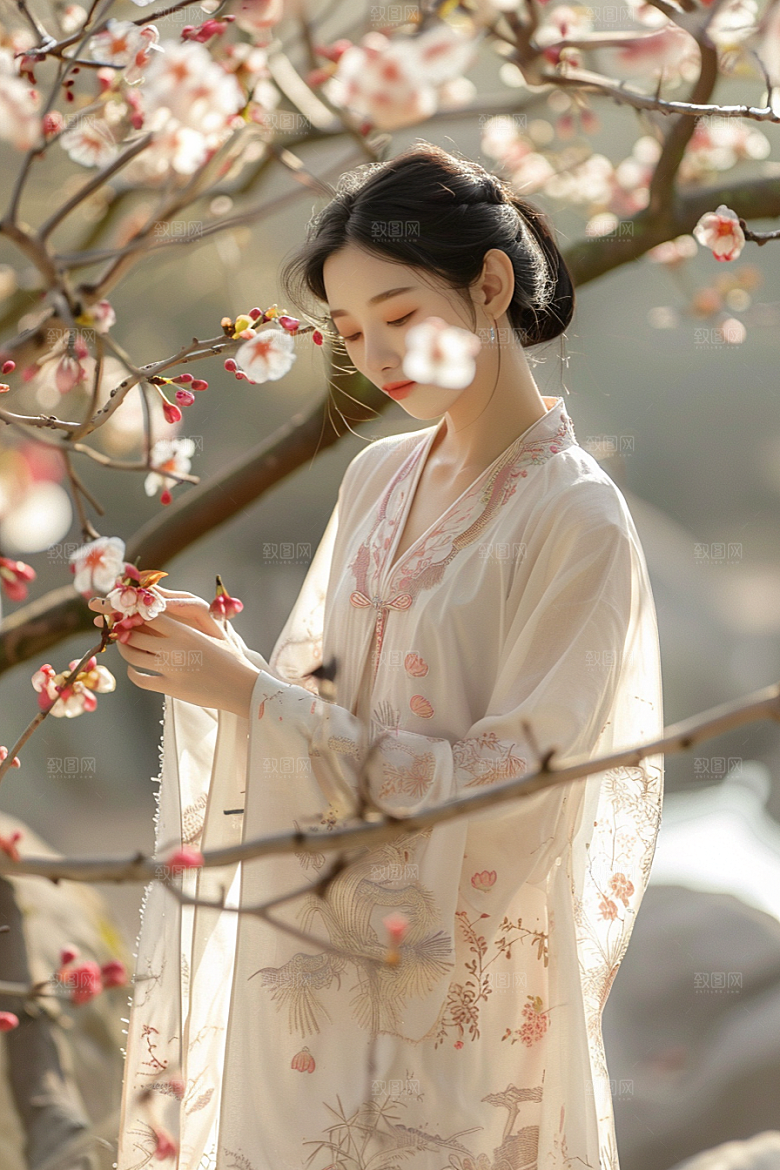 花卉汉服人物园林中国风摄影图