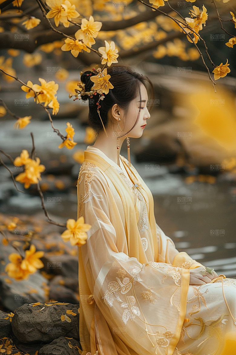 花卉汉服人物园林花丛摄影图