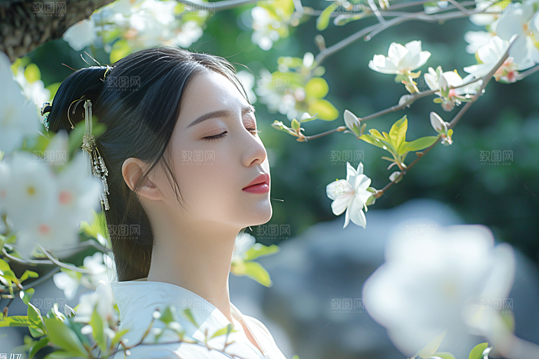 花卉汉服人物花丛中国风摄影图