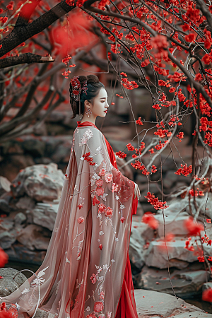 花卉汉服人物美景写真摄影图