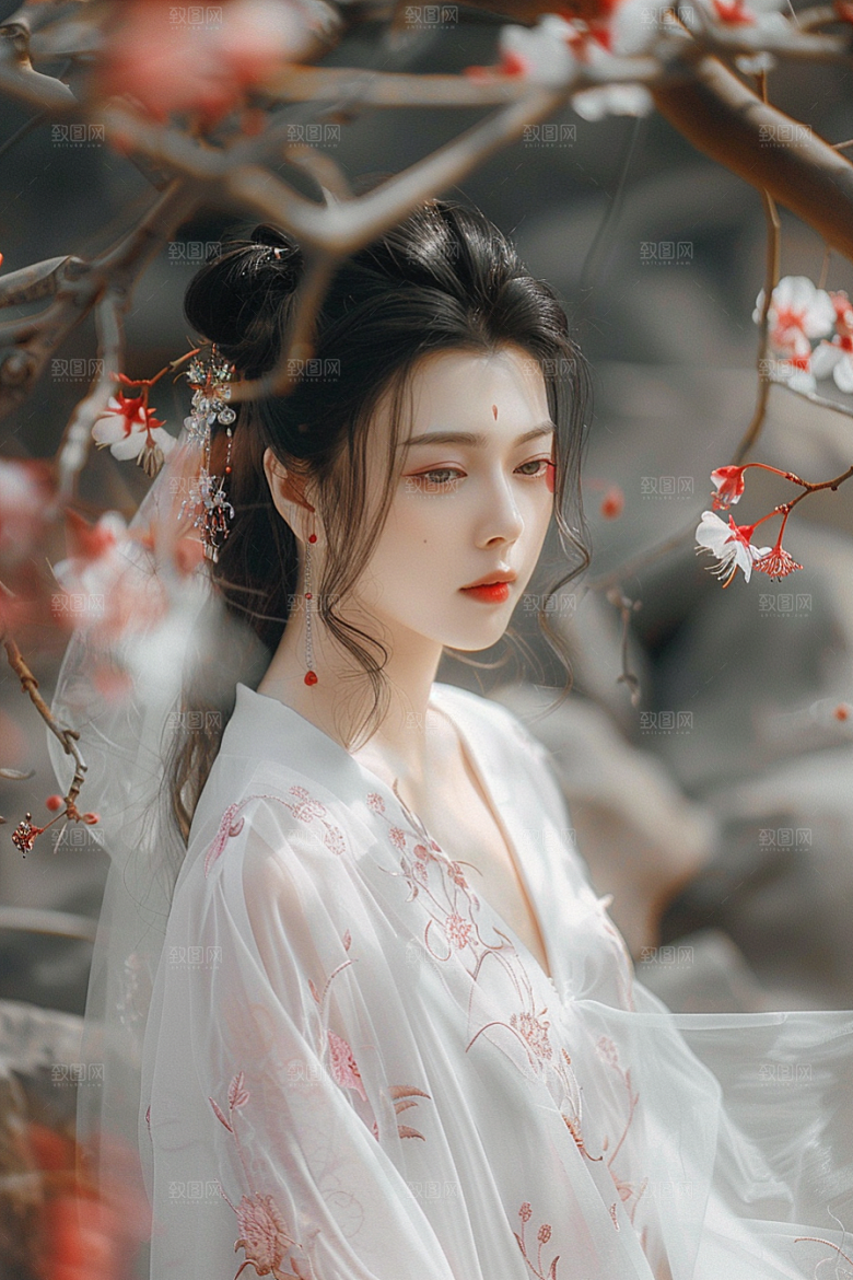 花卉汉服人物人像美景摄影图