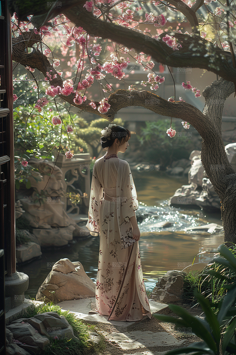 花卉汉服人物唯美园林摄影图