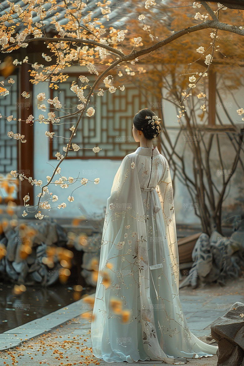 花卉汉服人物唯美园林摄影图
