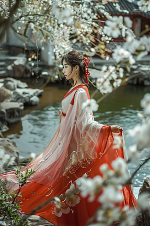 花卉汉服人物美景中国风摄影图