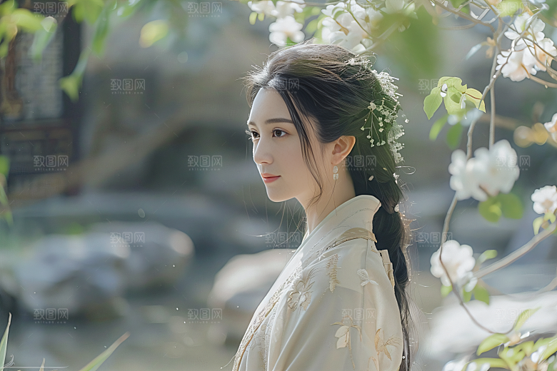 花卉汉服人物人像花丛摄影图