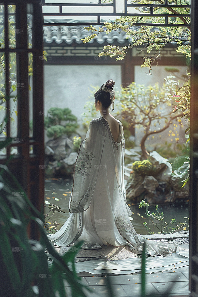 花卉汉服人物写真园林摄影图