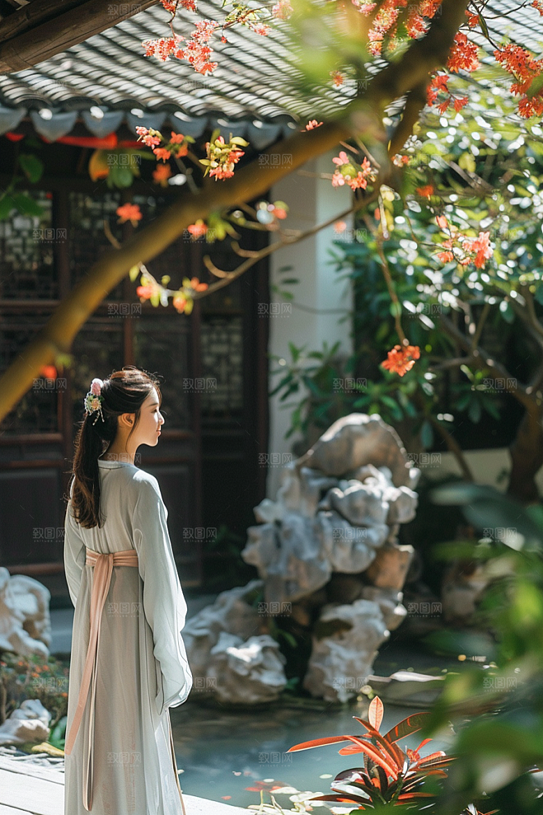 花卉汉服人物唯美园林摄影图
