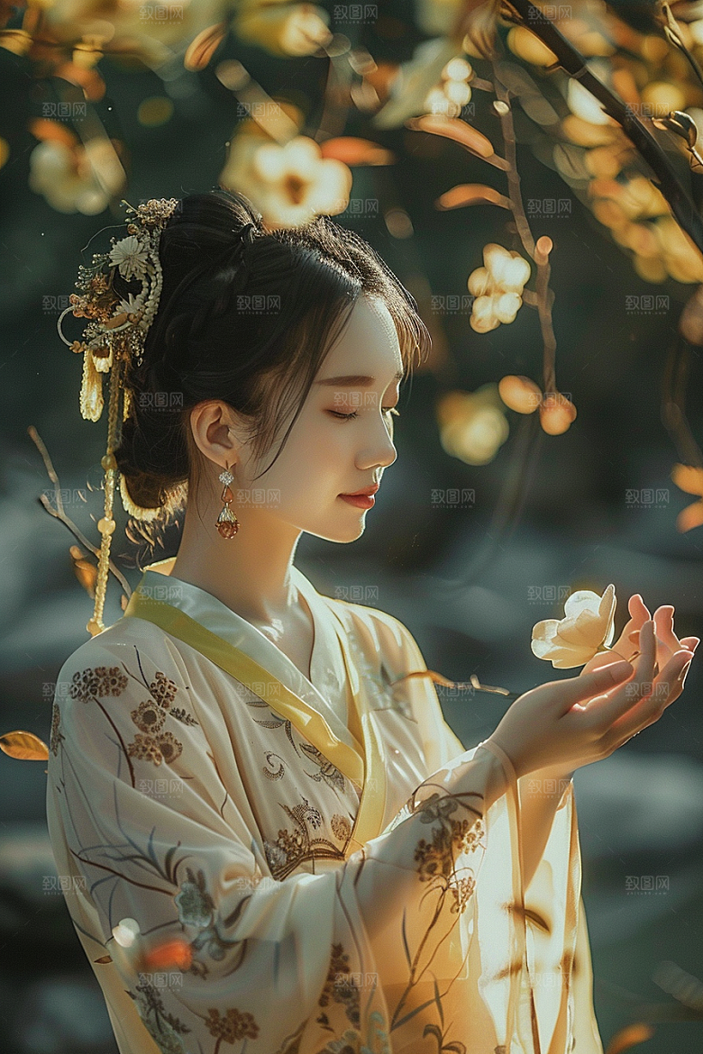 花卉汉服人物美景花丛摄影图