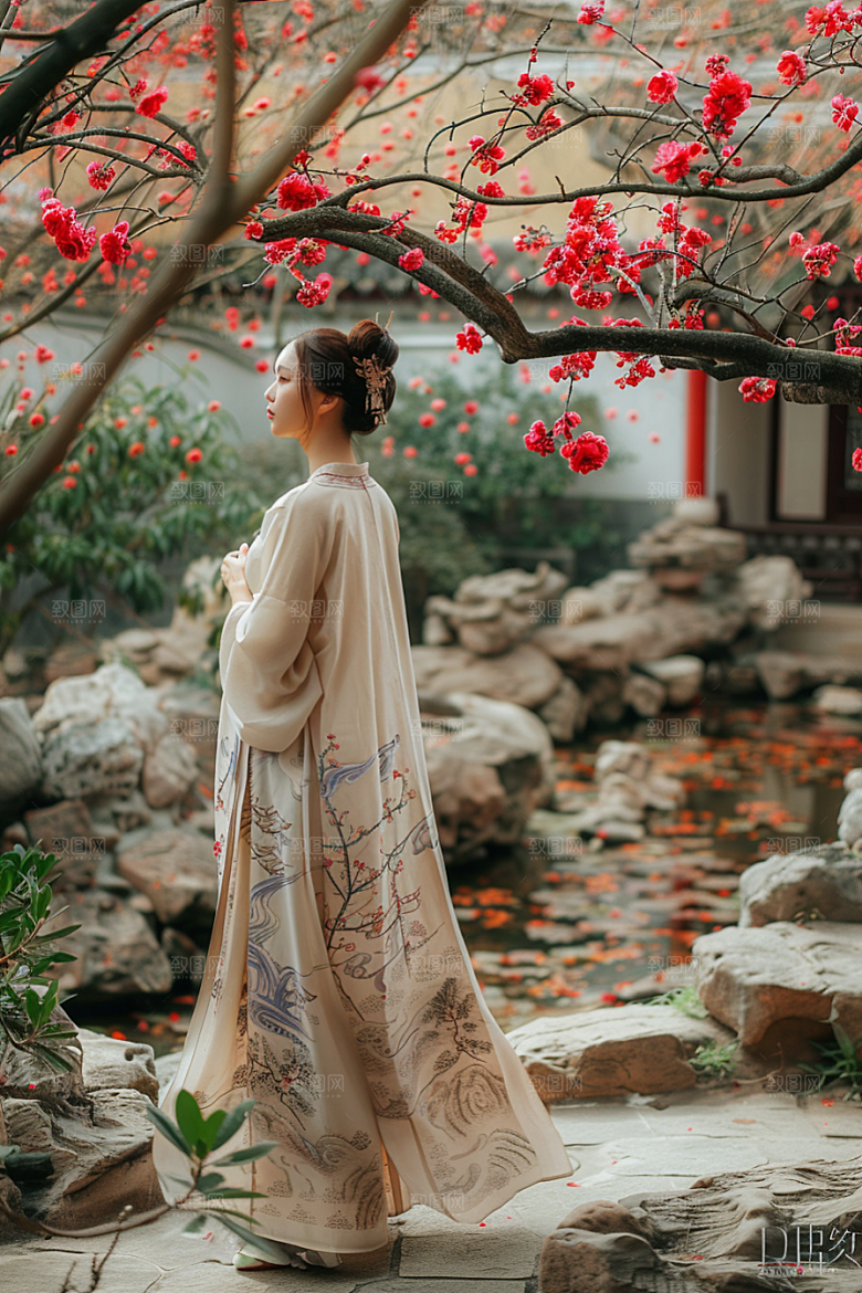 花卉汉服人物中式园林摄影图