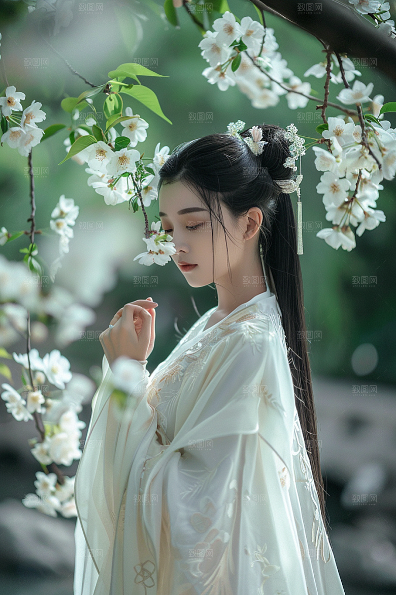 花卉汉服人物写真园林摄影图