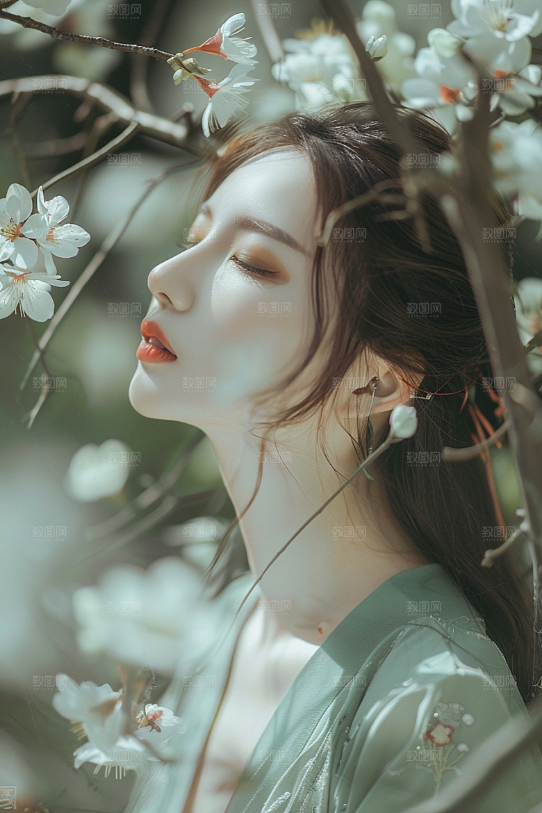 花卉汉服人物人像美景摄影图