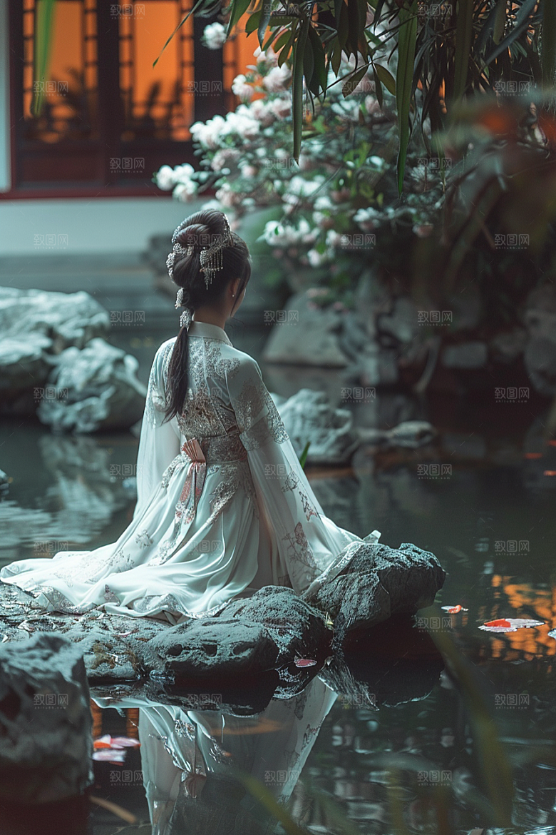 花卉汉服人物中式花丛摄影图