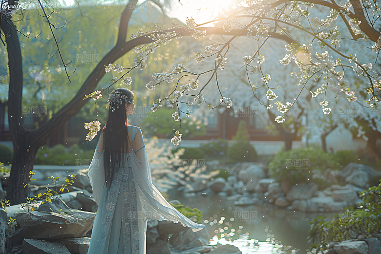 花卉汉服人物高清园林摄影图