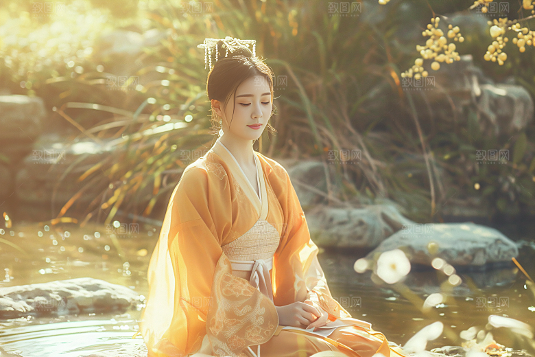 花卉汉服人物园林美女摄影图