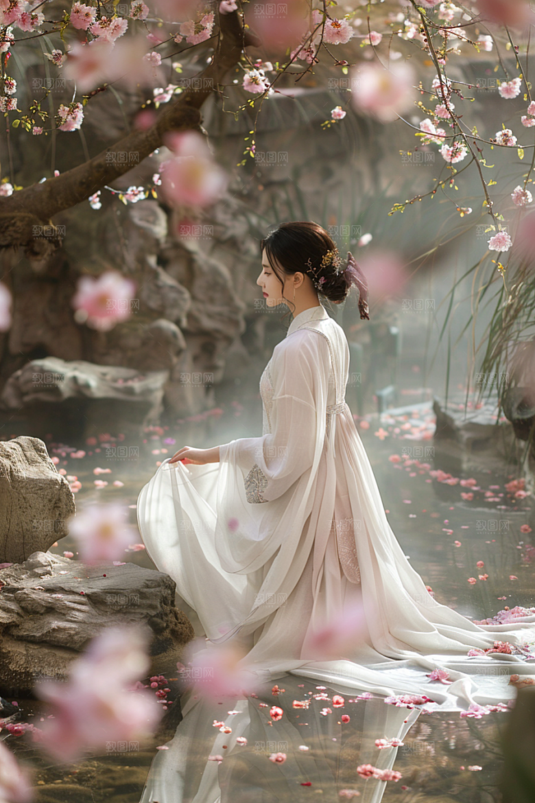 花卉汉服人物美女花丛摄影图