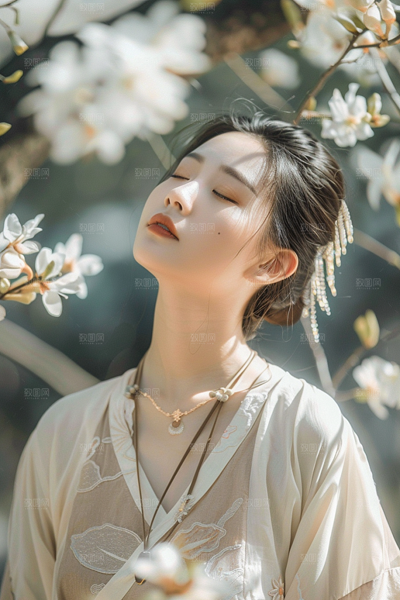 花卉汉服人物唯美园林摄影图