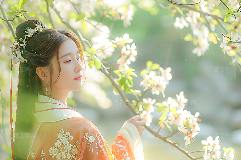 花卉汉服人物美景中式摄影图