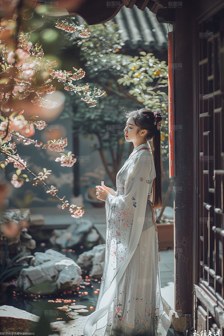 花卉汉服人物浪漫写真摄影图