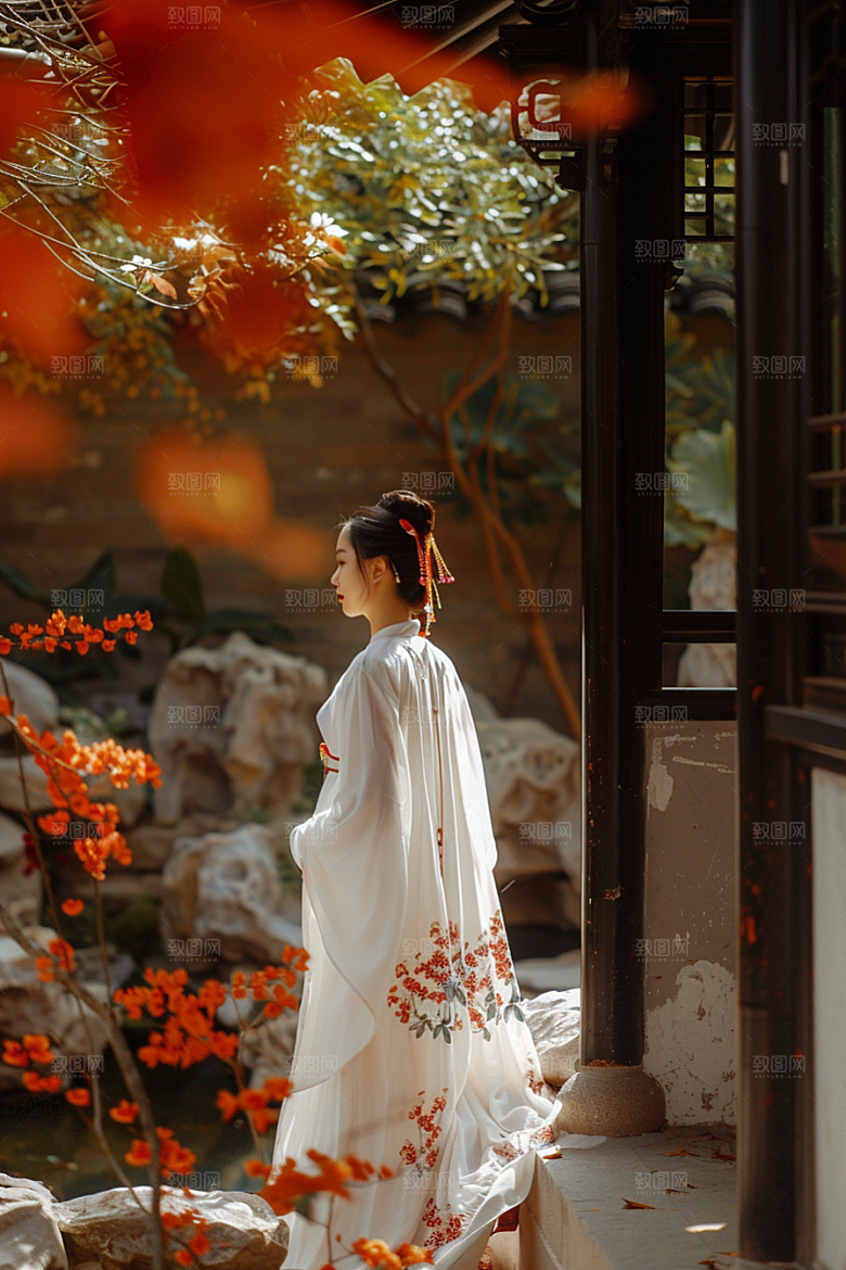 花卉汉服人物高清花丛摄影图