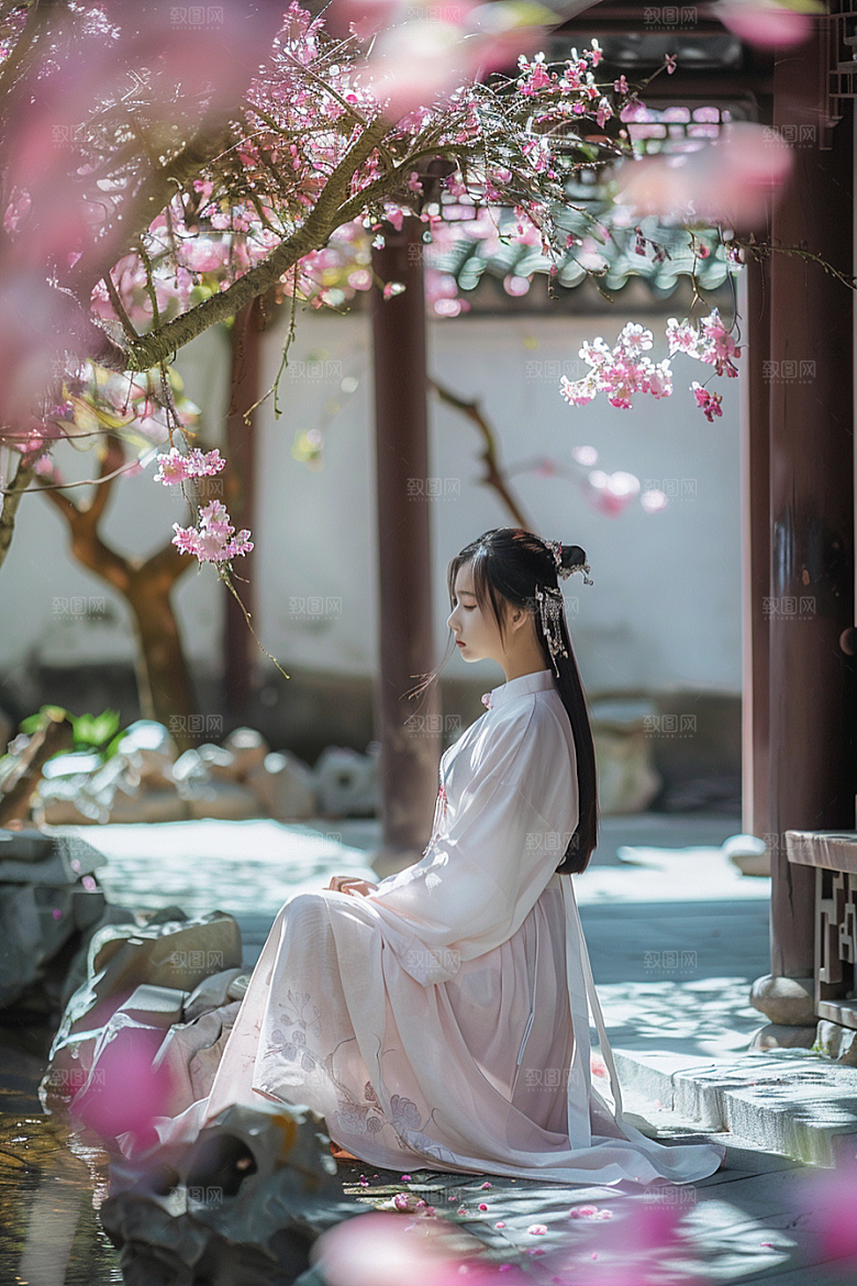 花卉汉服人物园林人像摄影图