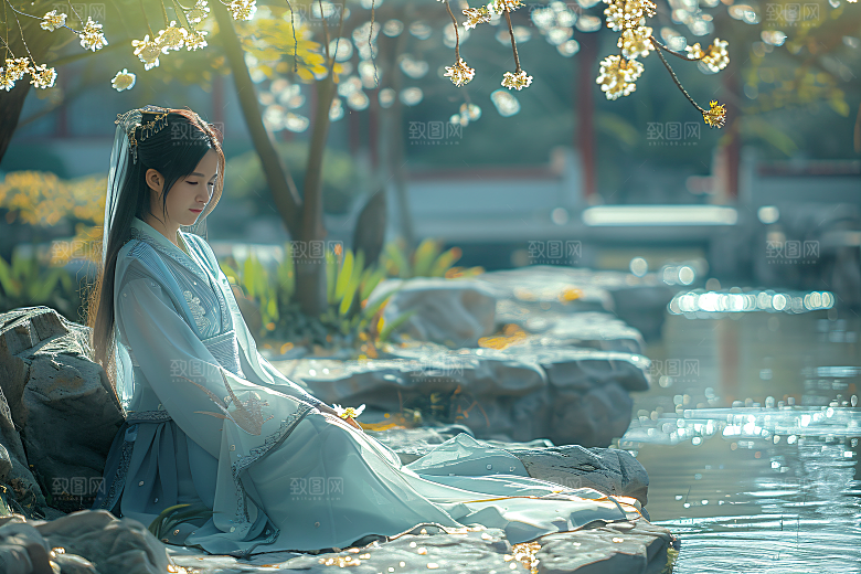 花卉汉服人物中式美景摄影图