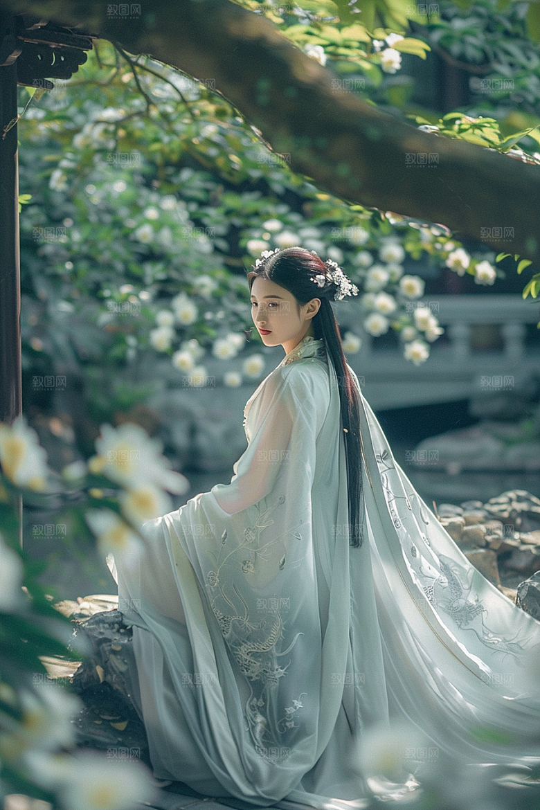 花卉汉服人物高清花丛摄影图