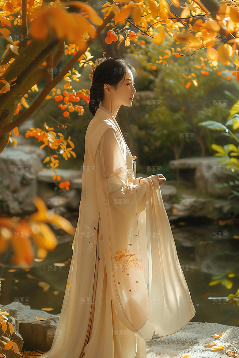 花卉汉服人物中国风美景摄影图