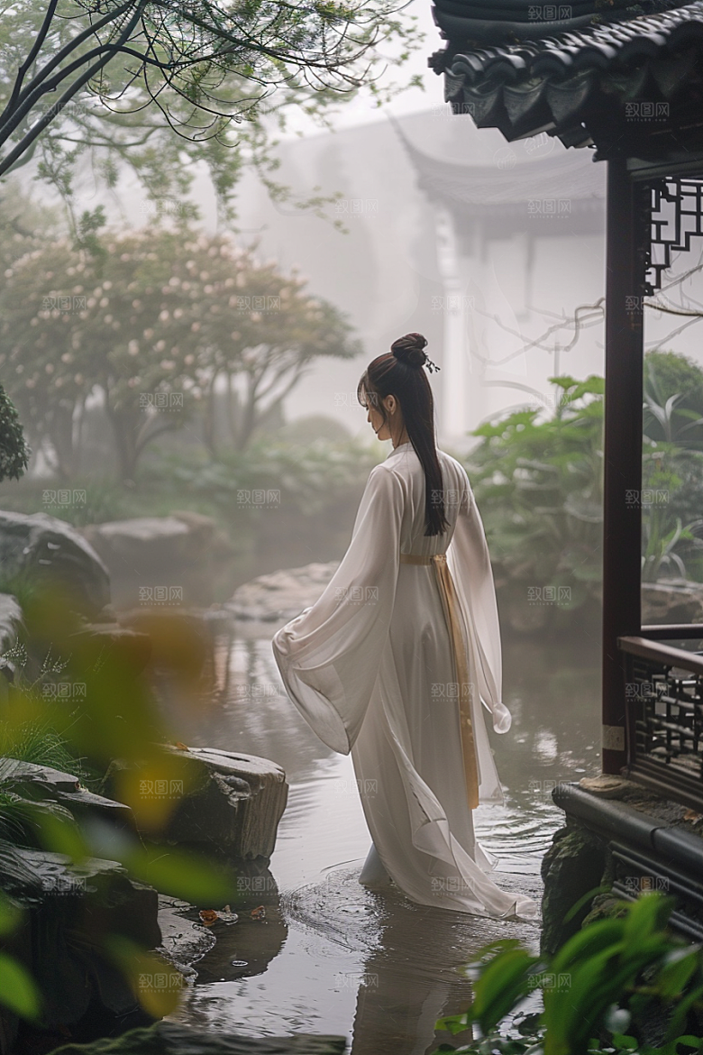 花卉汉服人物美景花丛摄影图