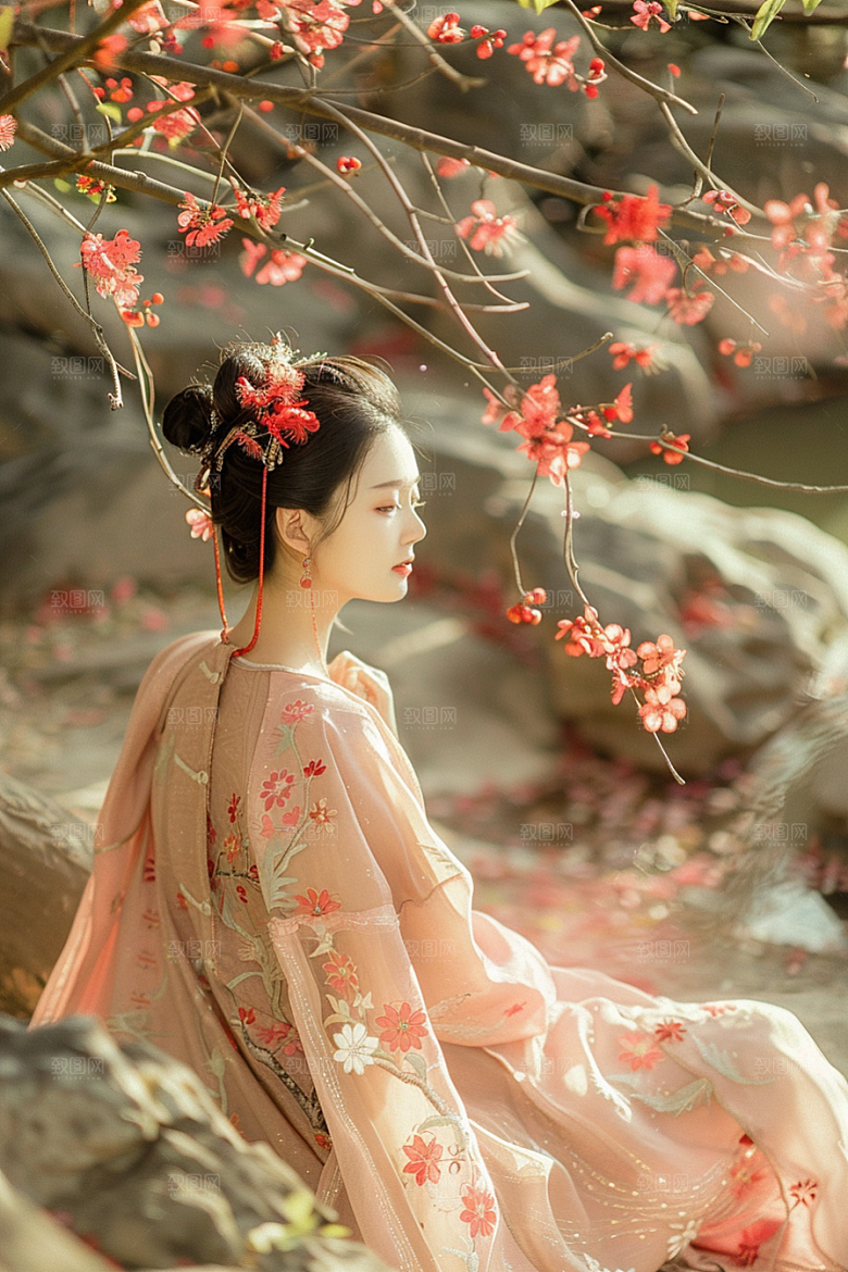 花卉汉服人物中式美景摄影图