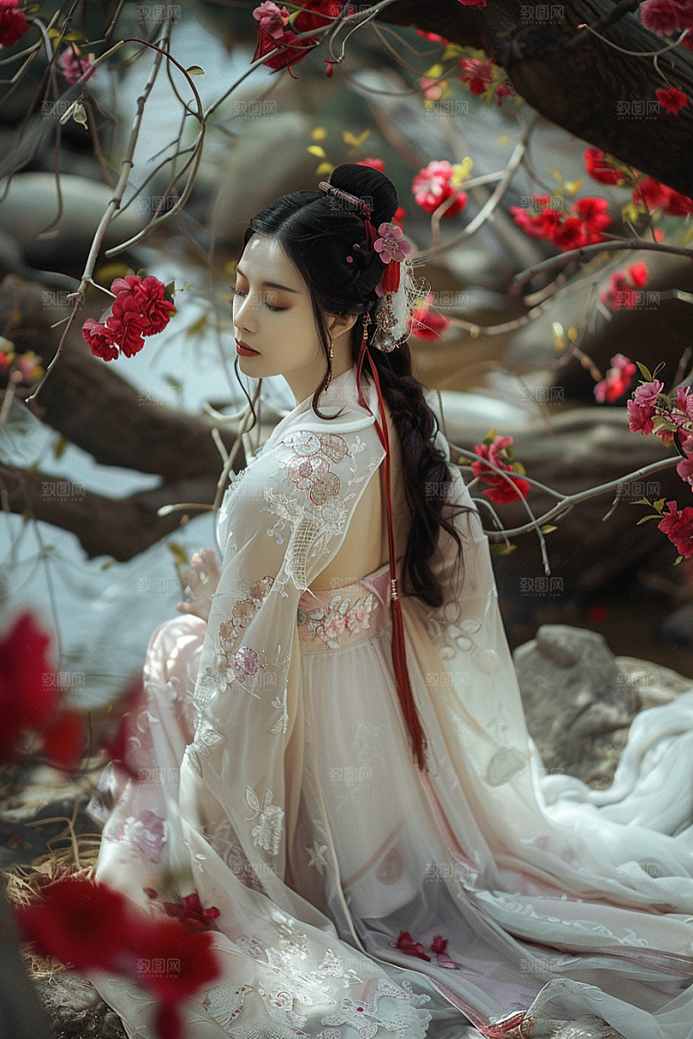 花卉汉服人物中式花丛摄影图