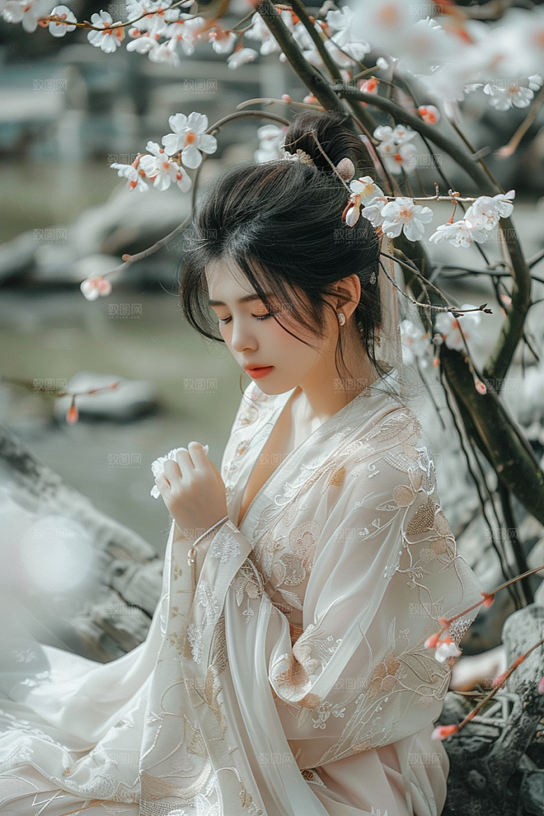 花卉汉服人物花丛高清摄影图