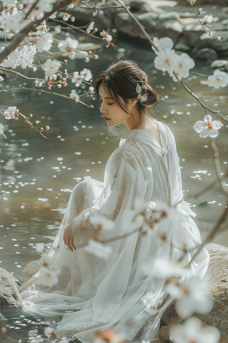 花卉汉服人物美女园林摄影图
