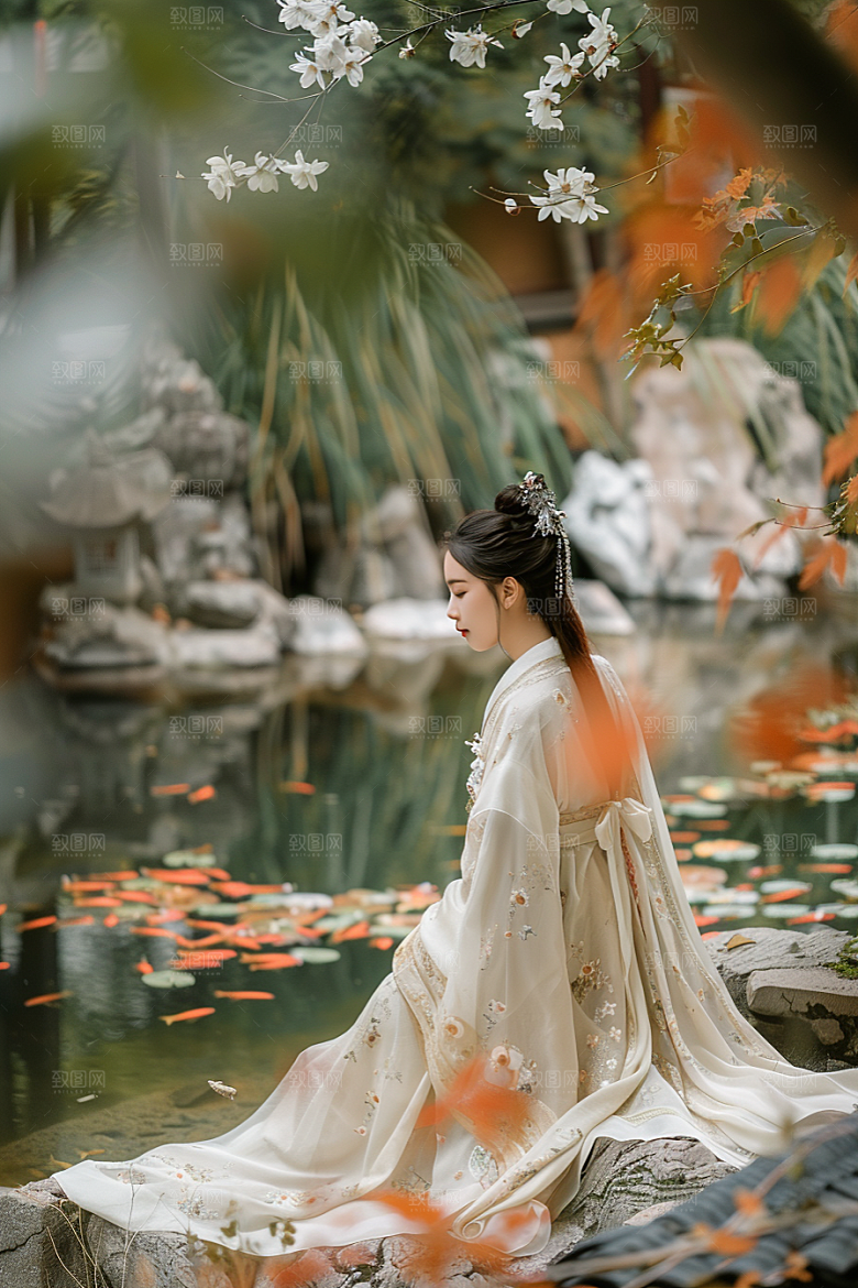 花卉汉服人物园林唯美摄影图