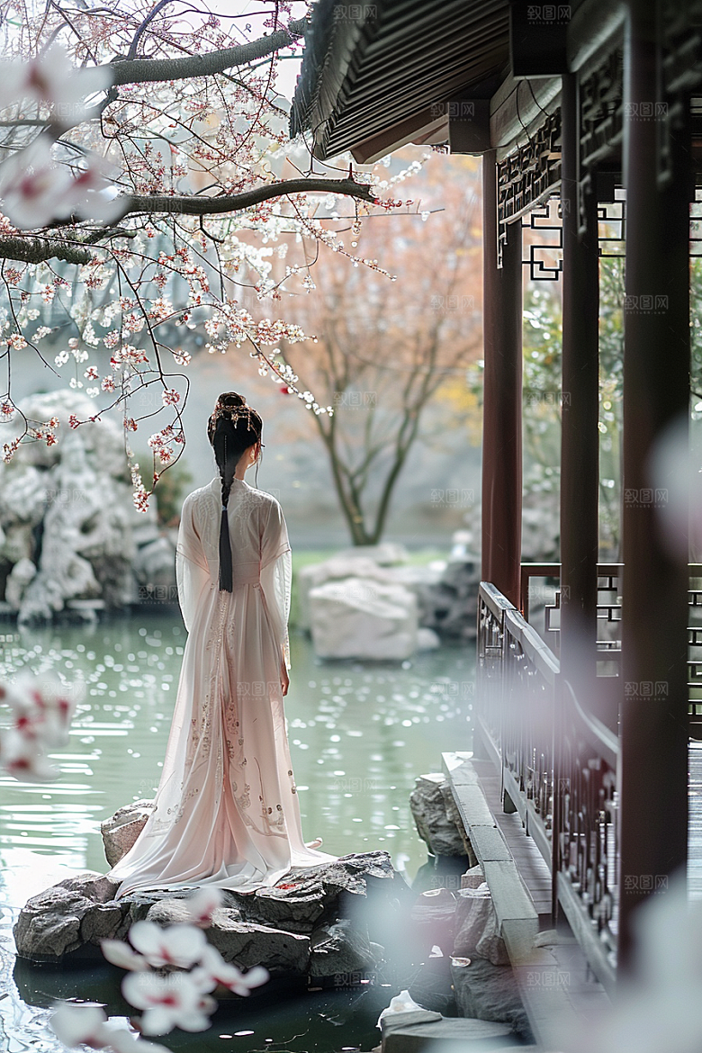 花卉汉服人物园林写真摄影图