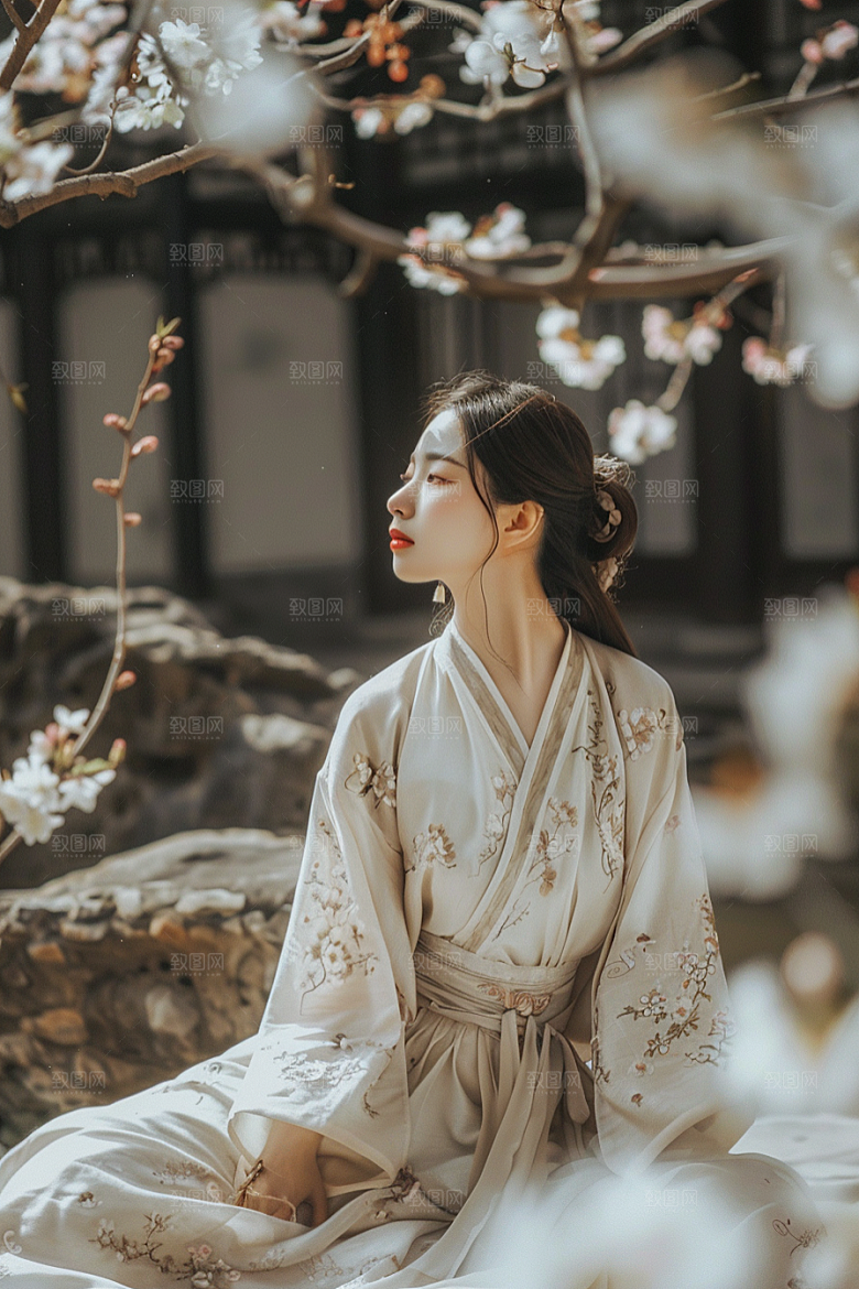 花卉汉服人物浪漫花丛摄影图