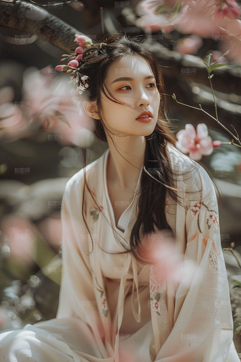 花卉汉服人物花丛人像摄影图