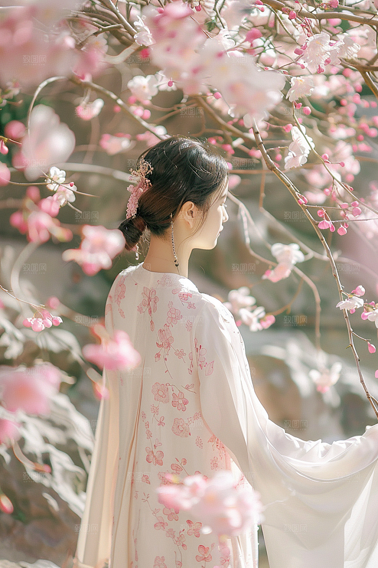 花卉汉服人物美女美景摄影图