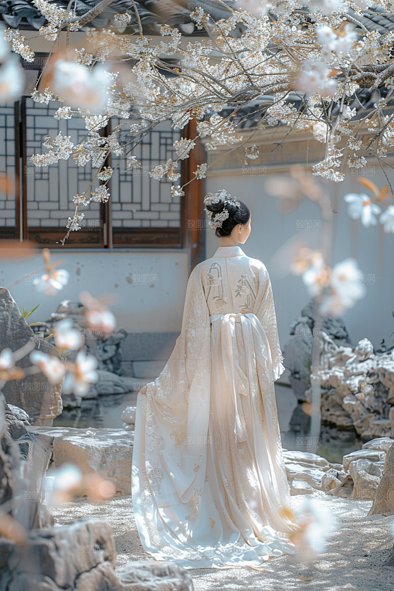 花卉汉服人物美景花丛摄影图