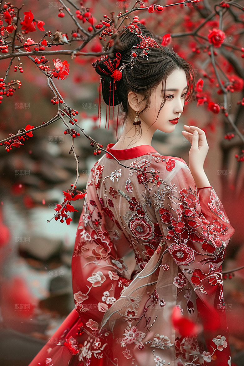 花卉汉服人物中国风园林摄影图