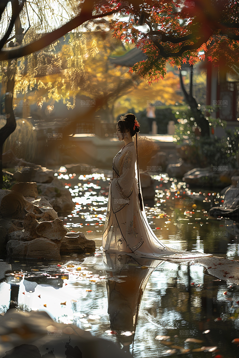 花卉汉服人物园林美景摄影图
