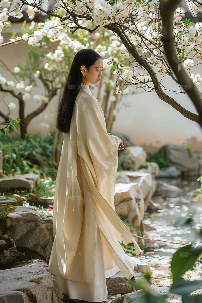 花卉汉服人物美女花丛摄影图