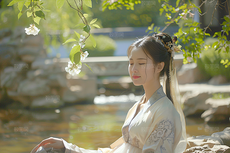 花卉汉服人物园林古风摄影图