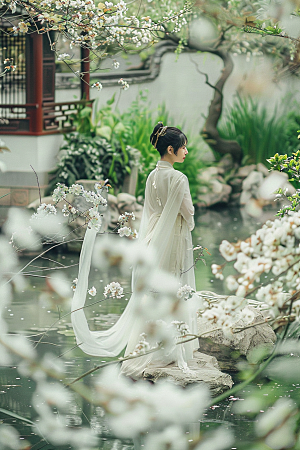 花卉汉服人物古风美景摄影图