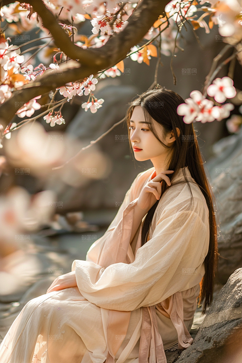 花卉汉服人物古风花丛摄影图