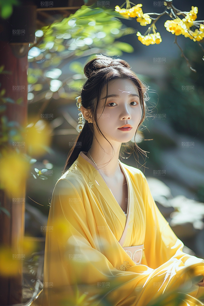 花卉汉服人物唯美园林摄影图