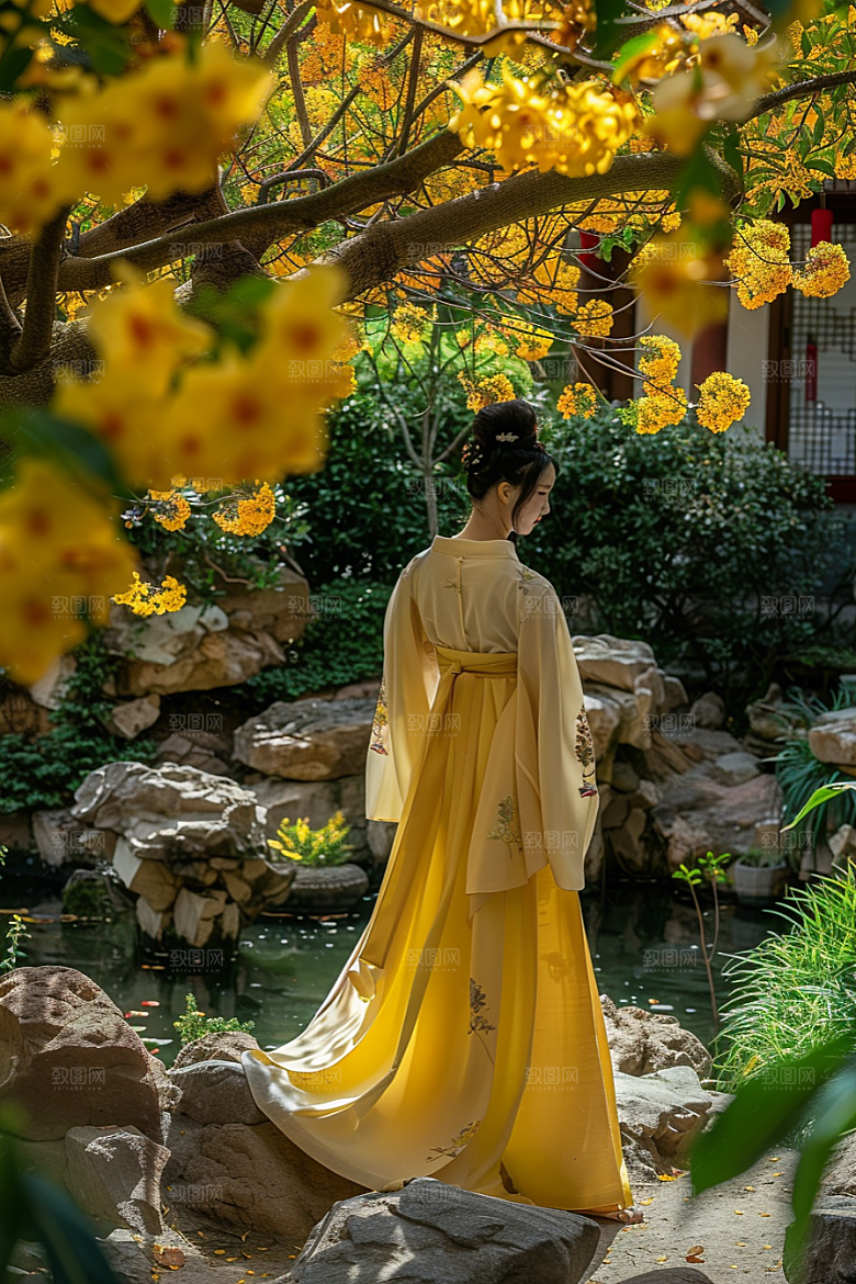 花卉汉服人物中式园林摄影图