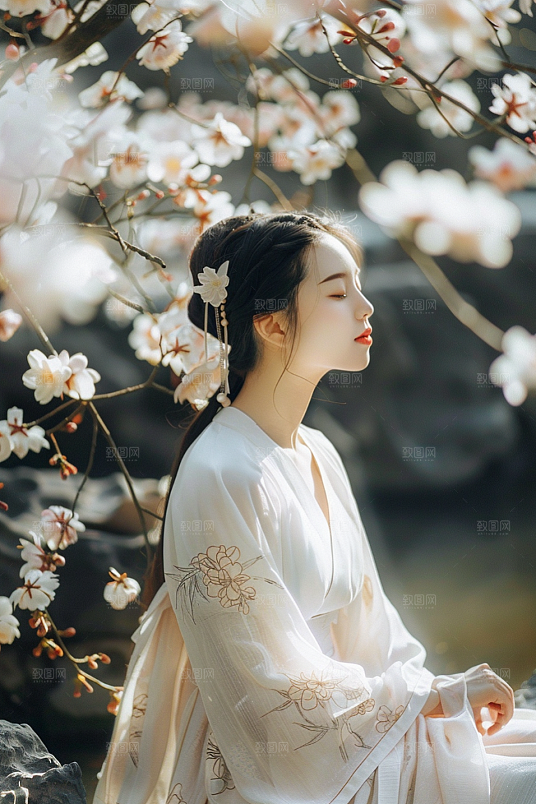 花卉汉服人物唯美花丛摄影图