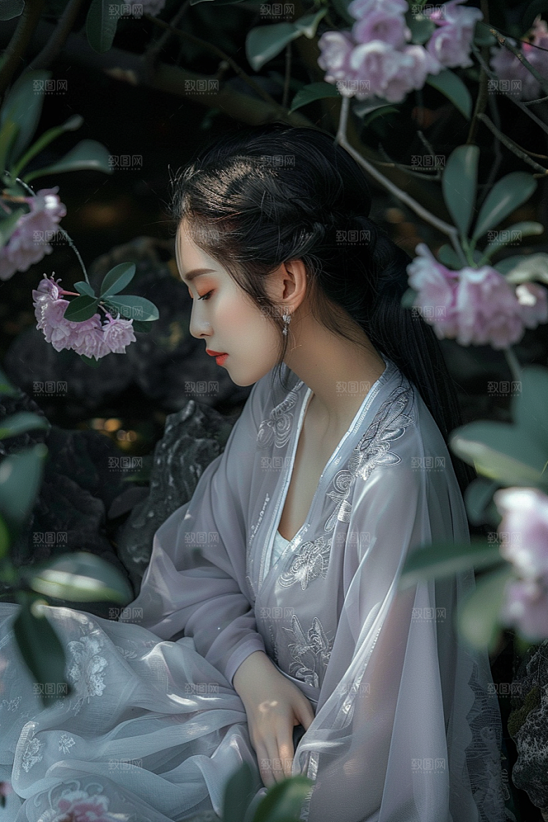 花卉汉服人物唯美花丛摄影图