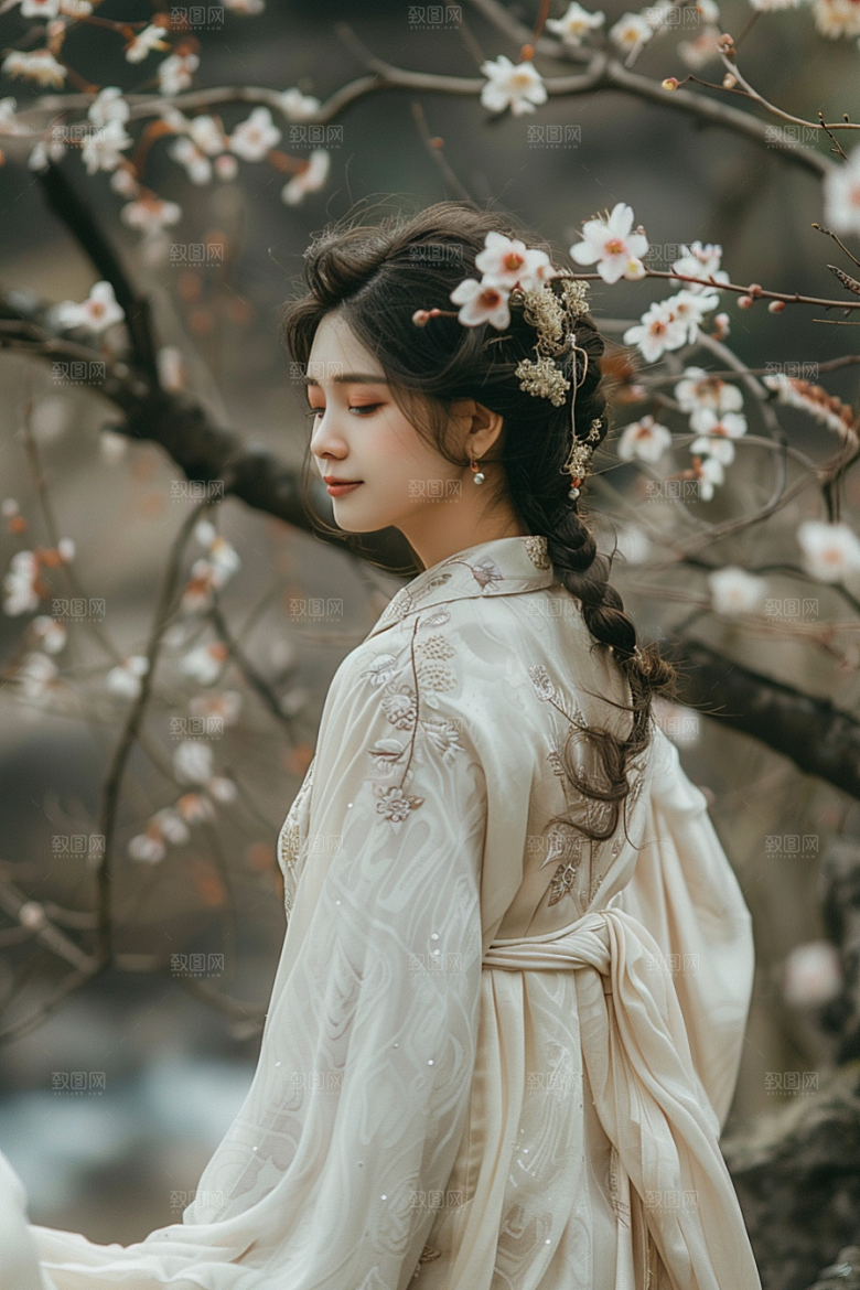花卉汉服人物唯美园林摄影图